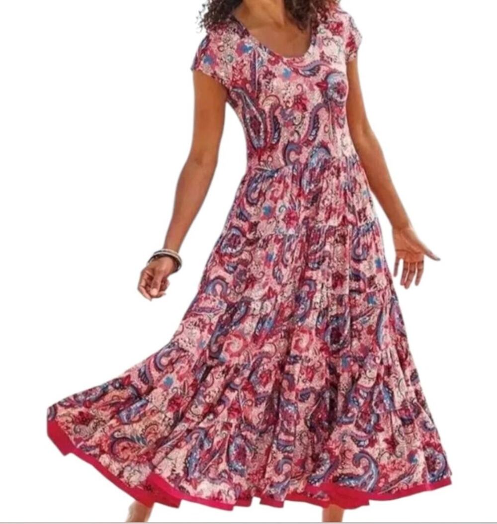 Soft Surroundings Kara Floral Paisley Tiered Maxi Sundress Size PM Boho Whimsy